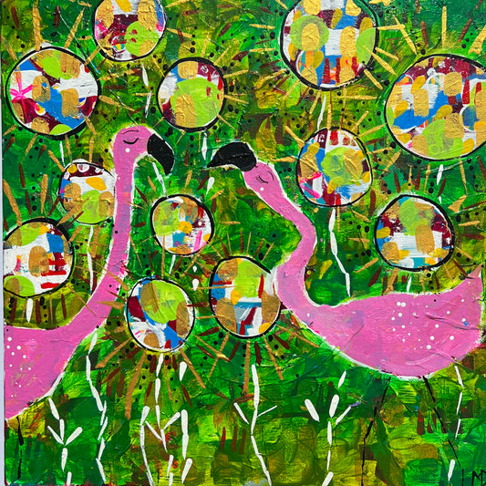 "Pink Flamingos in the Green" - original artwork by Miranda Day